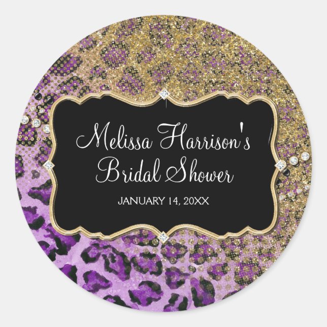 Bridal Shower Purple Gold Leopard Animal Print Classic Round Sticker (Front)