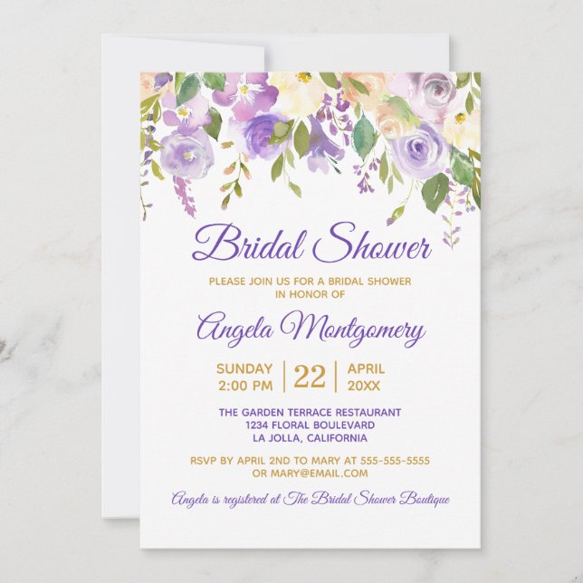 Bridal Shower Purple Gold Watercolor Floral Invitation (Front)