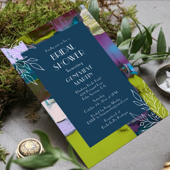 Bridal Shower Purple Green Painted Abstract Floral Invitation (Creator Uploaded)