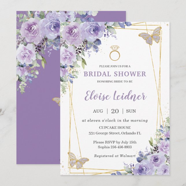 Bridal Shower Purple Lilac Floral Butterflies Ring Invitation (Front/Back)