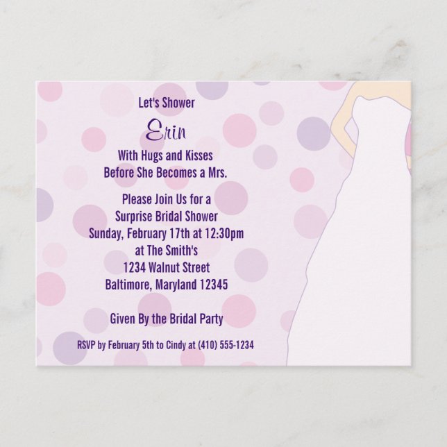 Bridal Shower Purple Polka Dots Invite Postcards (Front)