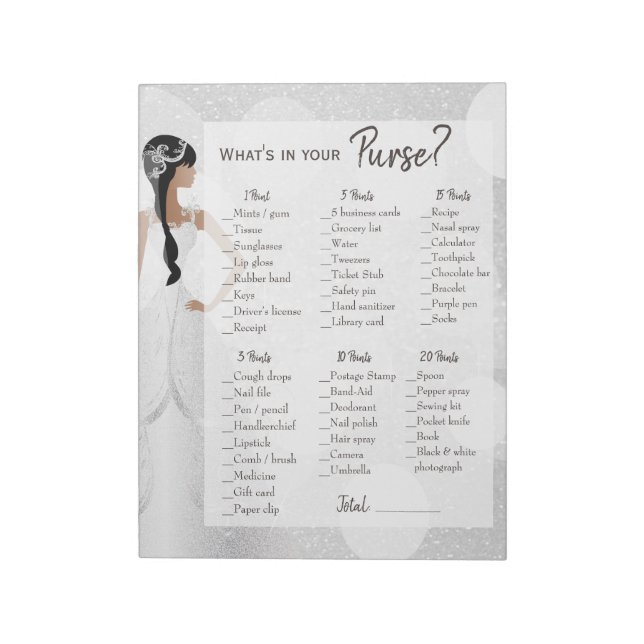 Bridal Shower Purse Game -  White Glitter Notepad (Rotated)