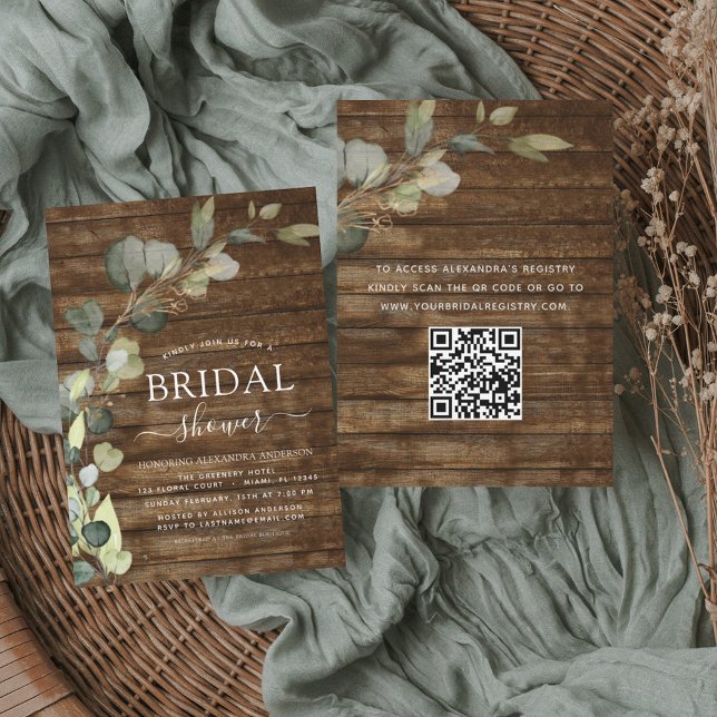 Bridal Shower QR Code Eucalyptus Rustic Wood Invitation (Creator Uploaded)