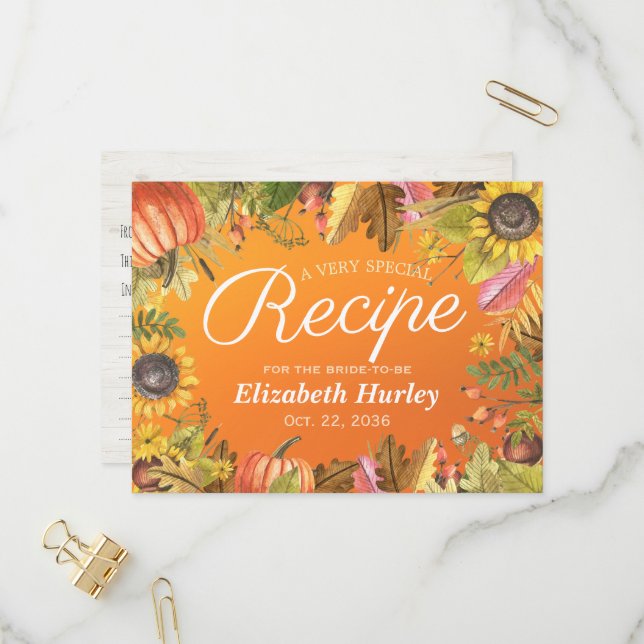 Bridal Shower Recipe Autumn Maple Leaves Pumpkins  Invitation Postcard (Front/Back In Situ)