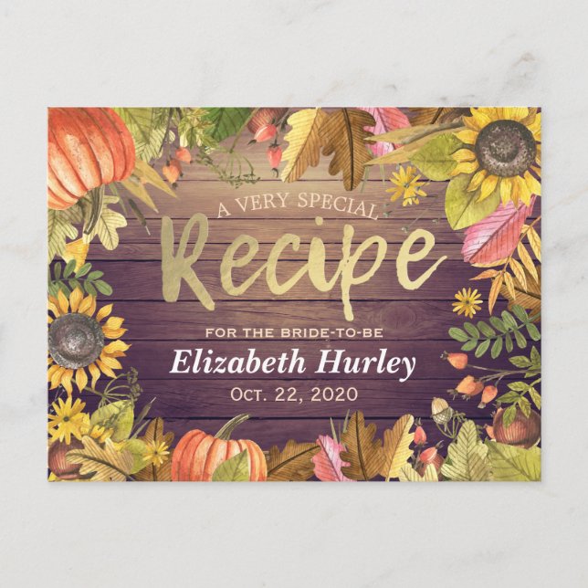 Bridal Shower Recipe Autumn Maple Leaves Pumpkins Invitation Postcard (Front)
