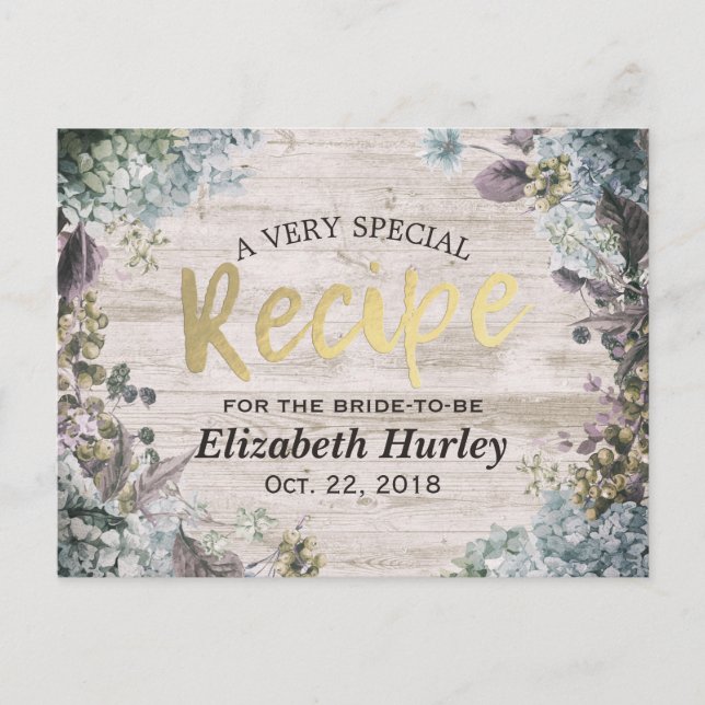 Bridal Shower Recipe Botanical Floral Rustic Wood Invitation Postcard (Front)