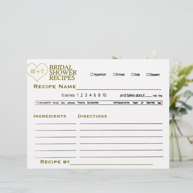 Bridal Shower Recipe Card Custom Letterhead (Standing Front)