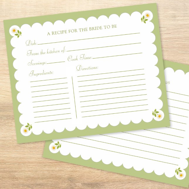Bridal Shower Recipe Card Elegant Daisy Sage Green (Creator Uploaded)