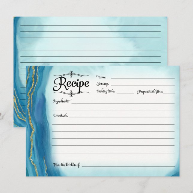 Bridal Shower Recipe Card Modern Simple Geode Blue (Front/Back)