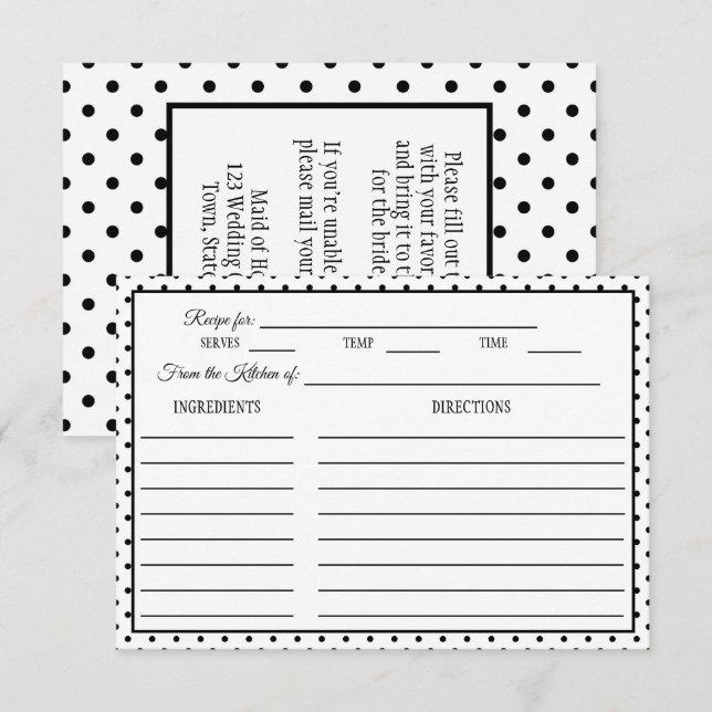 Bridal Shower Recipe Card Polka Dot Black & White (Front/Back)