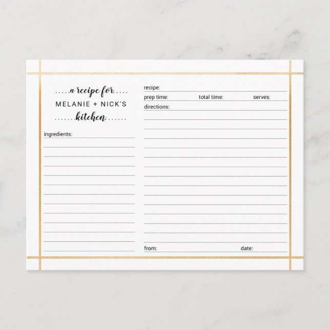 Bridal Shower recipe card, simple gold frame Postcard (Front)