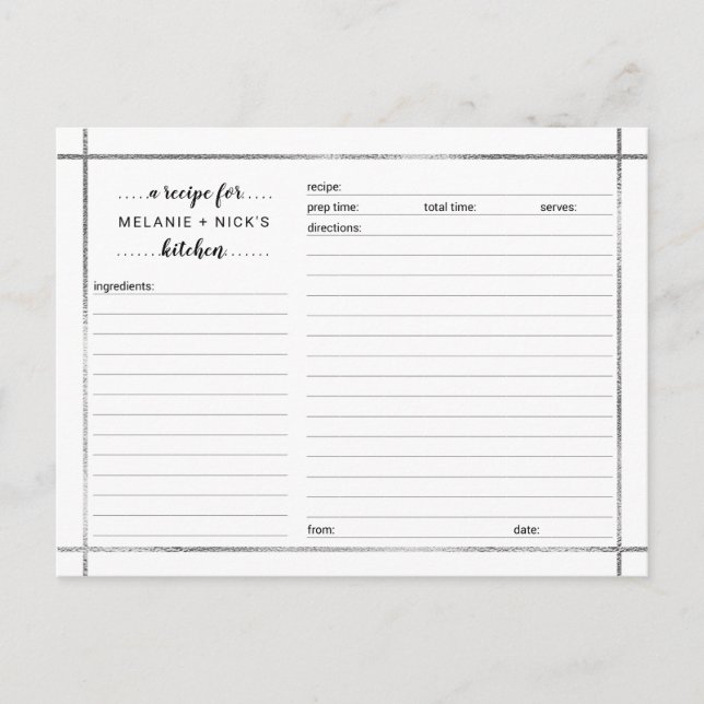 Bridal Shower recipe card, simple silver frame Postcard (Front)