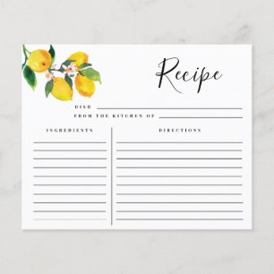 Bridal Shower Recipe Cards, Lemon Recipe Card