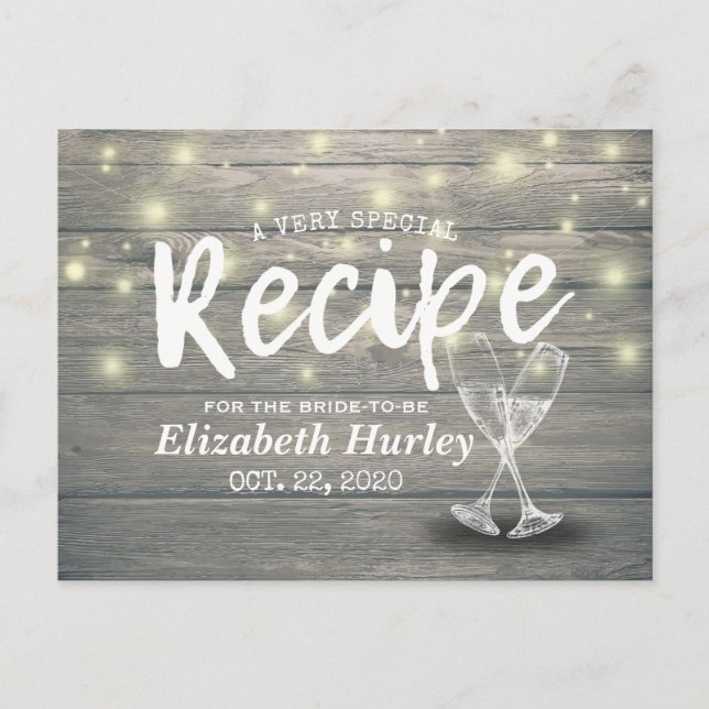 Bridal Shower Recipe Champagne Glasses Wood Lights Postcard (Front)