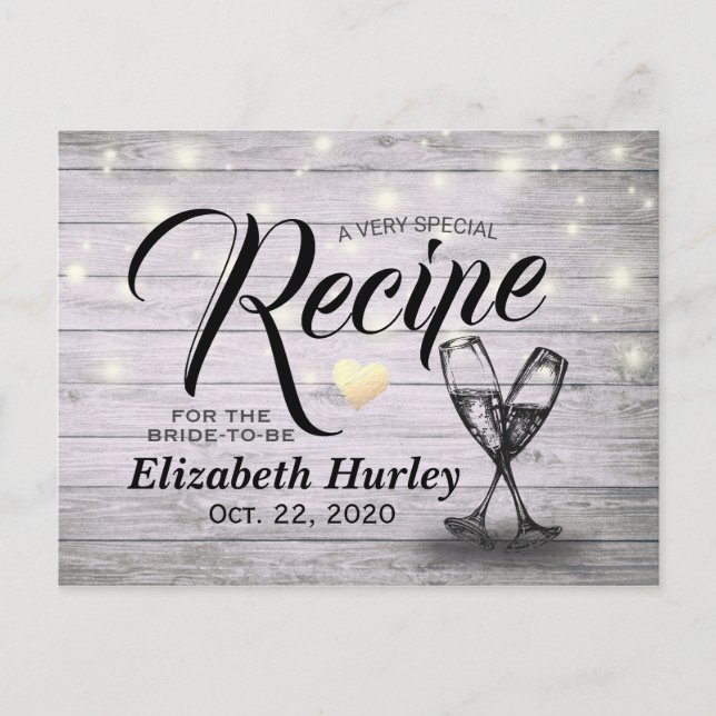 Bridal Shower Recipe Champagne Glasses Wood Lights Postcard (Front)