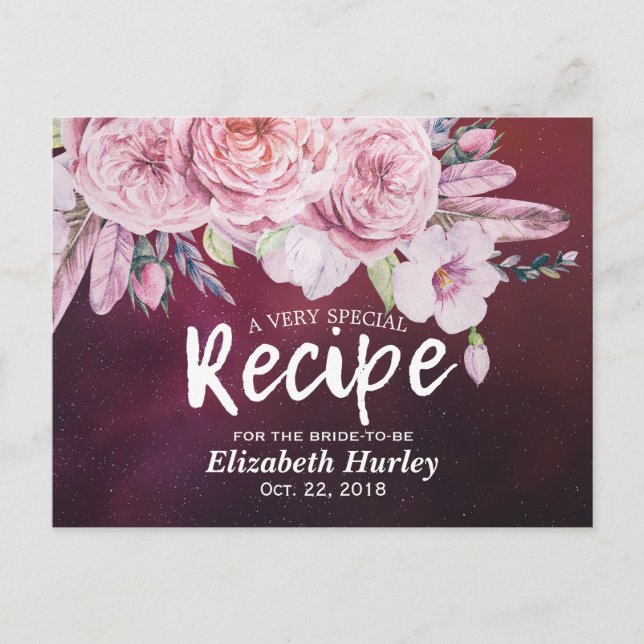 Bridal Shower Recipe Floral Feather Burgundy Red Invitation Postcard (Front)