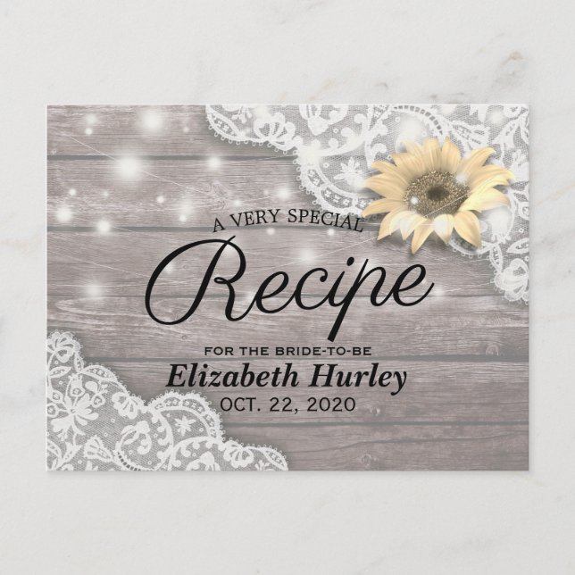 Bridal Shower Recipe Lace Sunflower Wood Lights Invitation Postcard (Front)