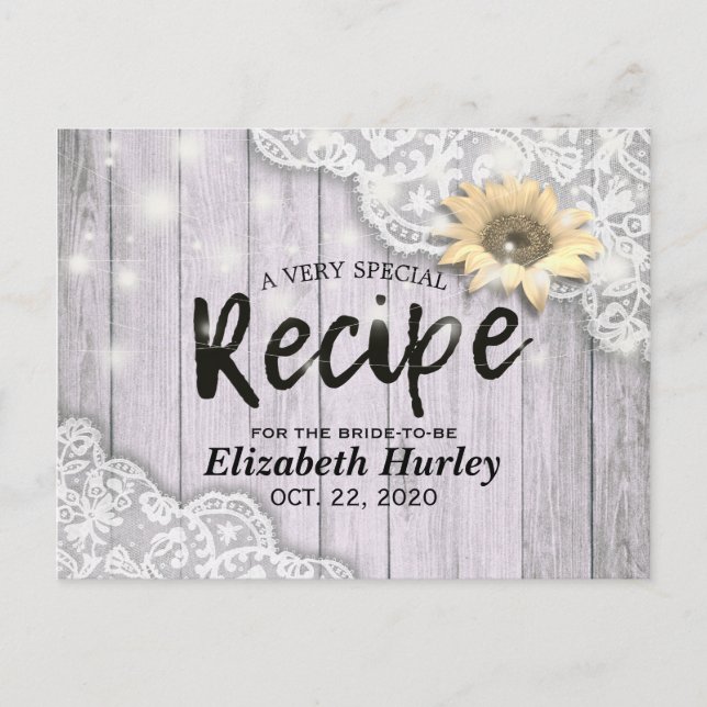 Bridal Shower Recipe Lace Sunflower Wood Lights Invitation Postcard (Front)