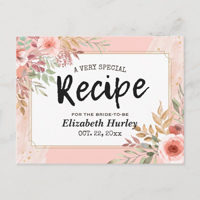 Bridal Shower Recipe Modern Elegant Pink Flowers Invitation Postcard (Front)