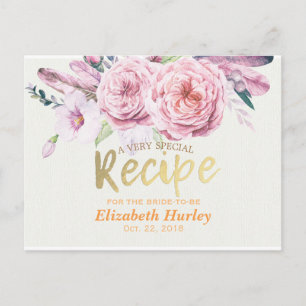 Bridal Shower Recipe Natural Boho Floral Feather Invitation Postcard