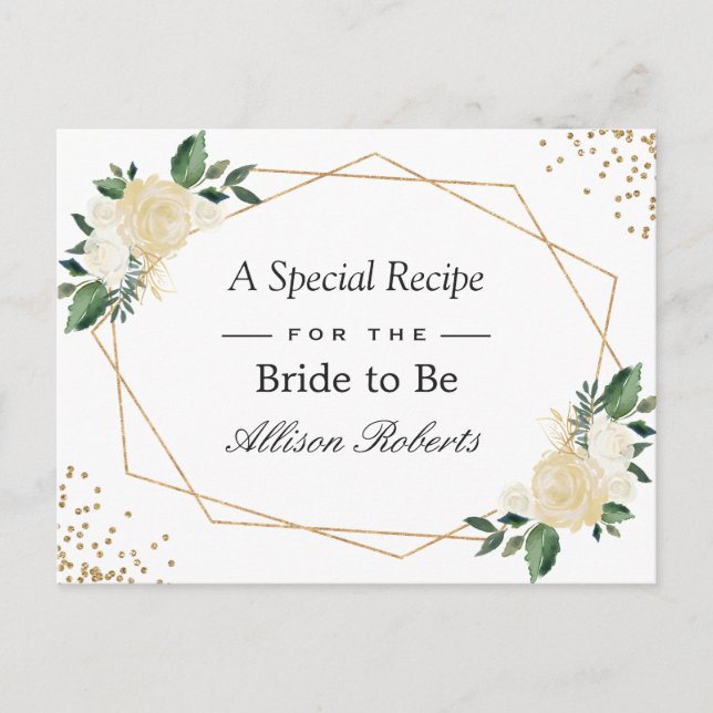 Bridal Shower Recipe Nature Green Gold Floral Postcard (Front)