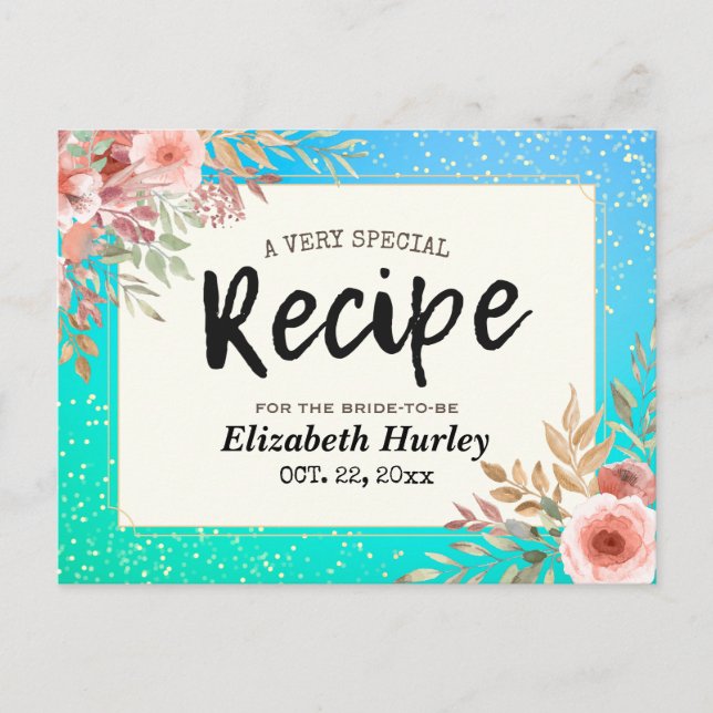 Bridal Shower Recipe Pink Floral Teal & Gold Polka Invitation Postcard (Front)