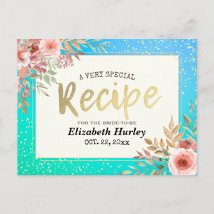 Bridal Shower Recipe Pink Floral Teal & Gold Polka Invitation Postcard