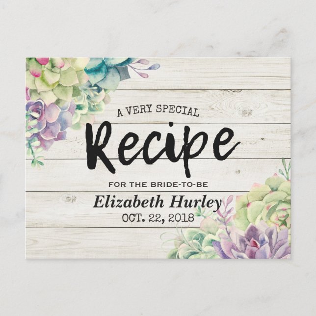 Bridal Shower Recipe Succulent Plants Rustic Wood Invitation Postcard (Front)