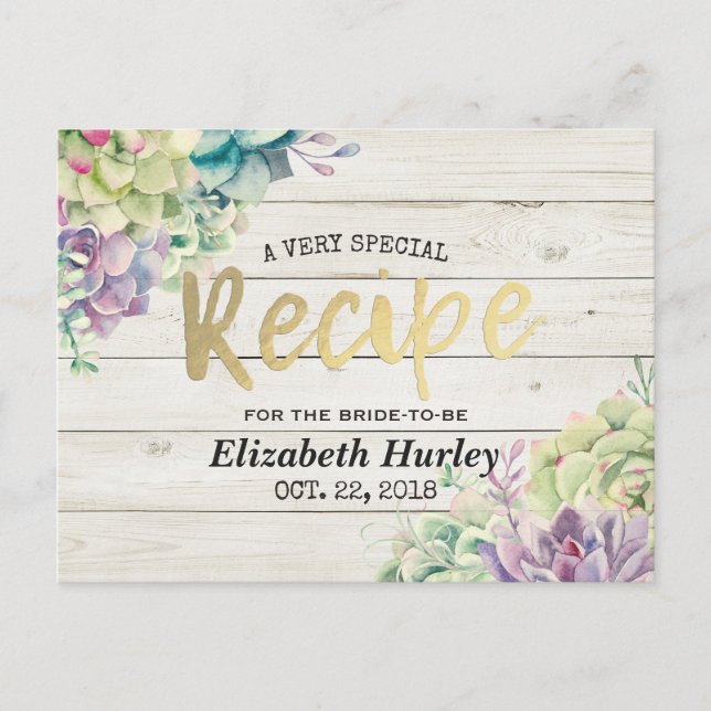 Bridal Shower Recipe Succulent Plants Rustic Wood Invitation Postcard (Front)