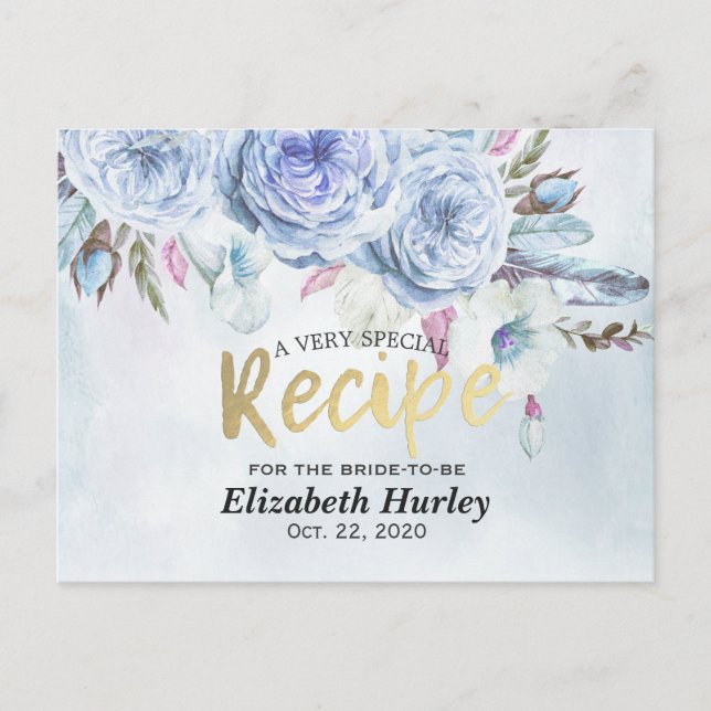 Bridal Shower Recipe Watercolor Floral & Feathers Invitation Postcard (Front)