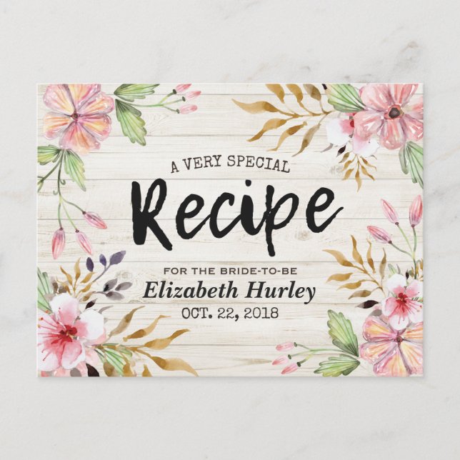 Bridal Shower Recipe Watercolor Flower Rustic Wood Invitation Postcard (Front)