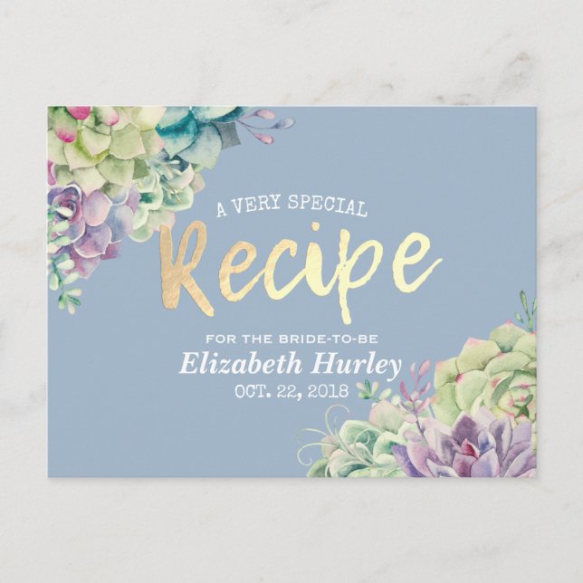 Bridal Shower Recipe Watercolor Succulent Plants Invitation Postcard (Front)
