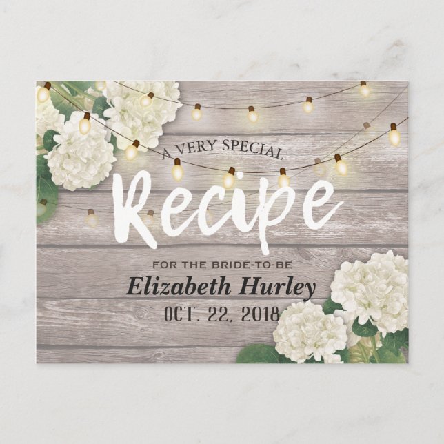 Bridal Shower Recipe Wood Floral String Lights Invitation Postcard (Front)