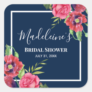 Bridal Shower Red and Pink Flowers Dark Navy Square Sticker