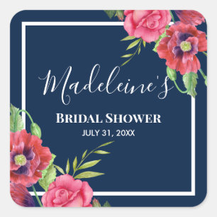 Bridal Shower Red and Pink Flowers Dark Navy Square Sticker