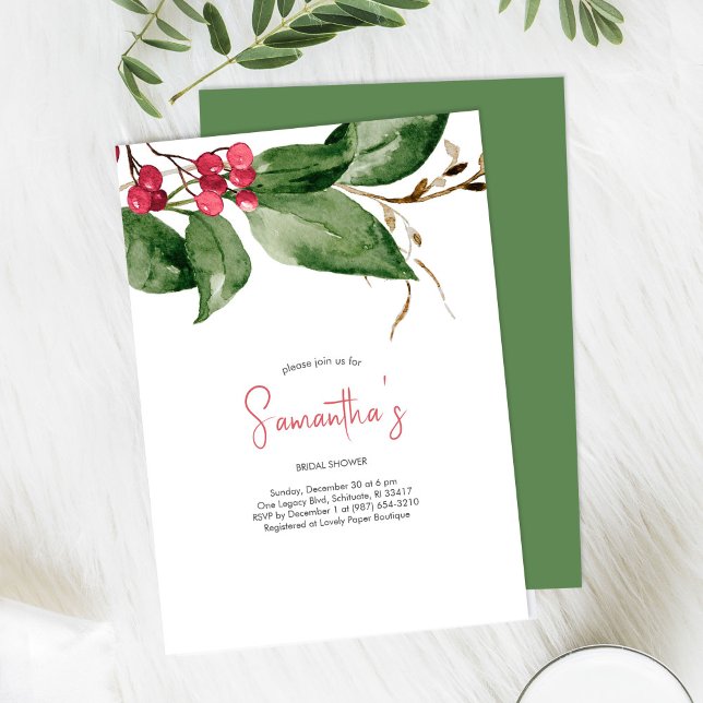 Bridal Shower Red Berries Holiday Party Watercolor Invitation (Creator Uploaded)