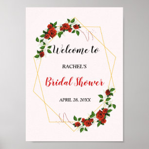 Bridal Shower Red Gold Glitter Floral Welcome Sign