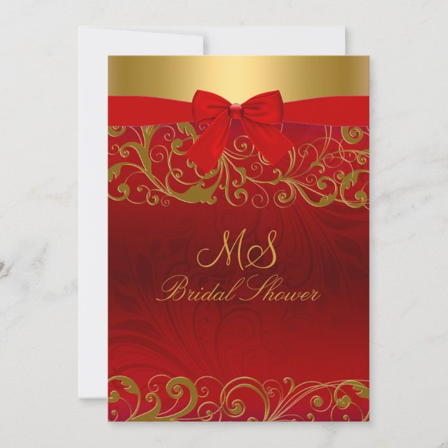 Bridal Shower Red Gold Swirl & Bow Announcements (Front)
