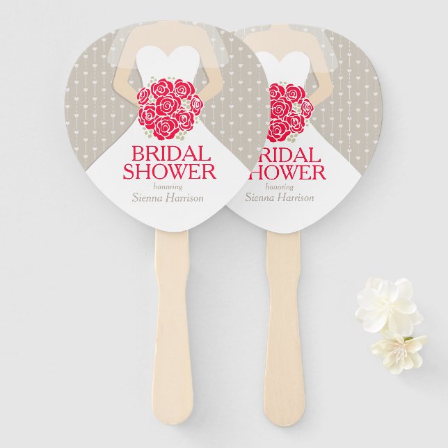 Bridal shower red rose white dress custom fans (Front and Back)