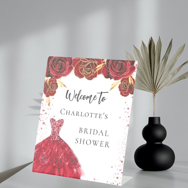 Bridal Shower red white dress flowers welcome Pedestal Sign (Creator Uploaded)