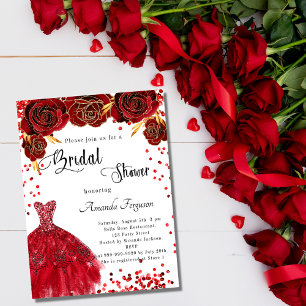 Bridal Shower red white dress roses flowers Invitation Postcard
