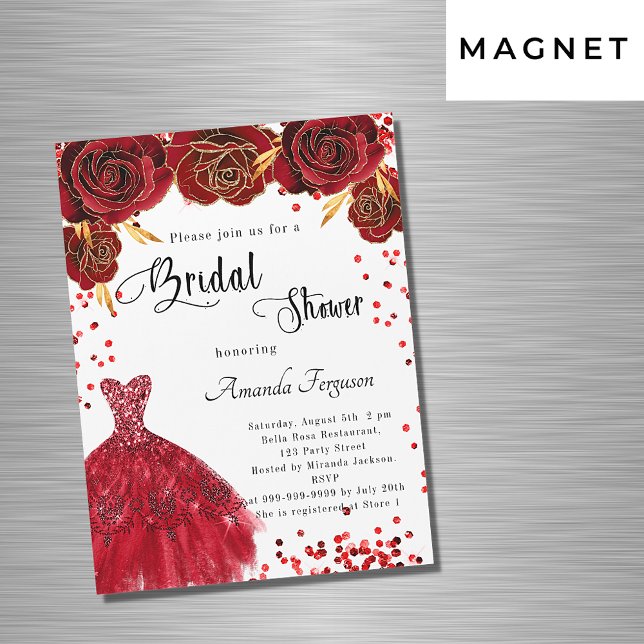 Bridal Shower red white dress roses flowers luxury Magnetic Invitation (Creator Uploaded)
