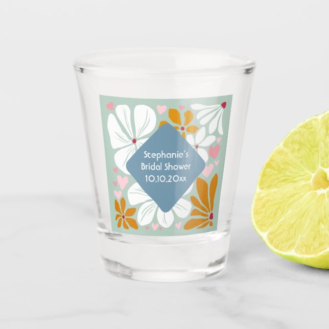 Bridal shower Retro flowers groovy 70’s boho Shot Glass (Front)