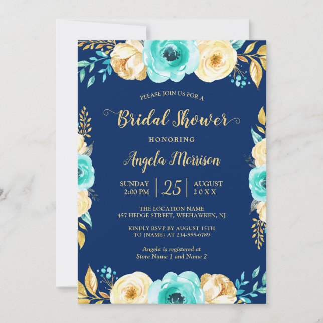 Bridal Shower Romantic Navy Blue Teal Gold Floral Invitation (Front)
