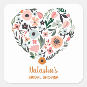 Bridal Shower   Romantic, Whimsical Flowers Heart Square Sticker