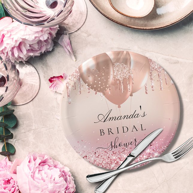 Bridal shower rose gold blush balloons name paper plate (Creator Uploaded)