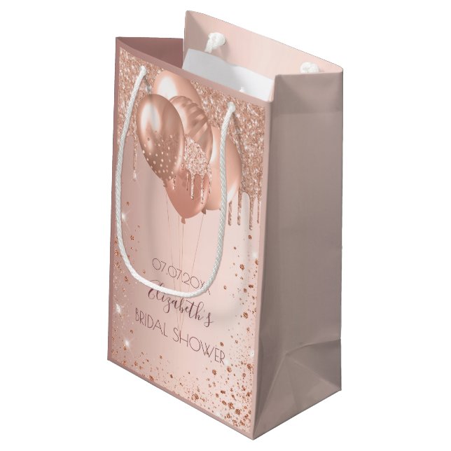 Bridal shower rose gold blush glitter balloons small gift bag (Back Angled)