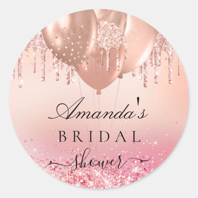 Bridal shower rose gold blush glitter name classic round sticker (Front)