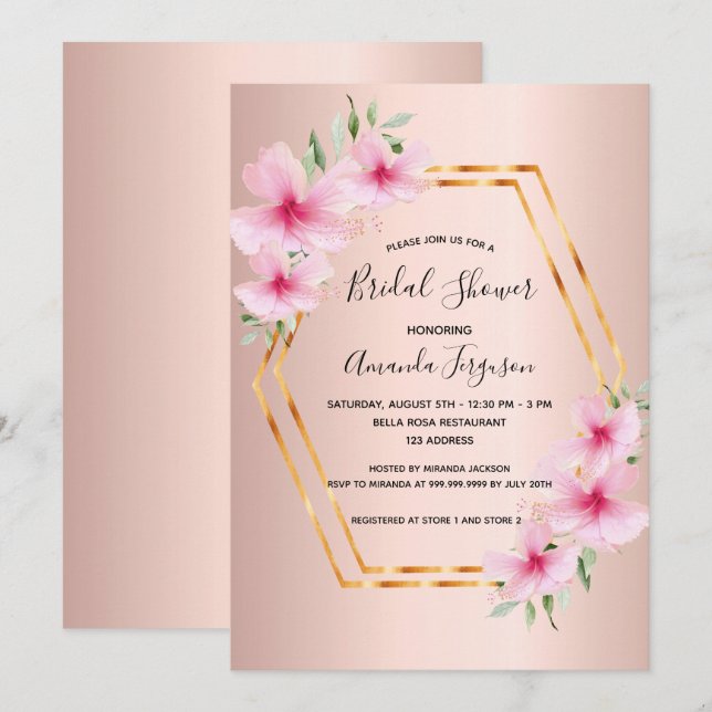Bridal shower Rose gold blush pink flowers geo Invitation (Front/Back)