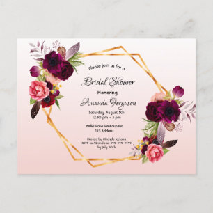 Bridal shower rose gold burgundy invitation postcard